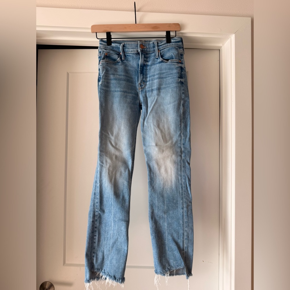 MOTHER Light Blue Straight Leg Jeans with Frayed Hem
